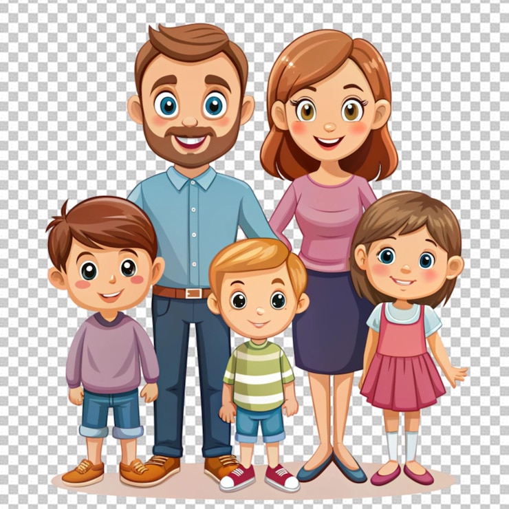 PSD famiglia felice con un bambino in piedi insieme e sorridendo sullo sfondo trasparente
