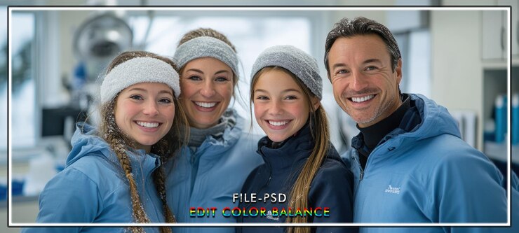 PSD famiglia felice con un sorriso sullo sfondo della clinica