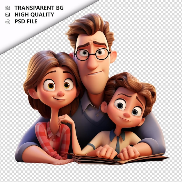 Familia americana aburrida en 3d estilo de dibujos animados con fondo blanco