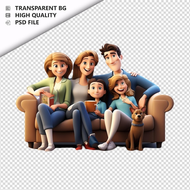 PSD família americana relaxando em 3d estilo de desenho animado com fundo branco