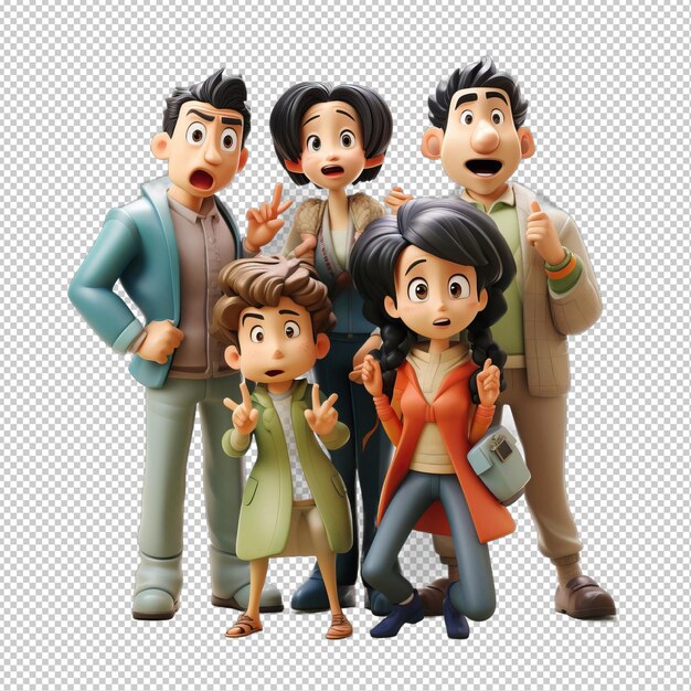 PSD família asiática chata em 3d cartoon style iso de fundo transparente