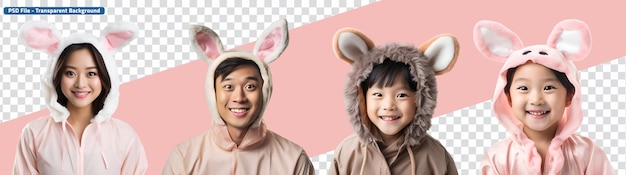 PSD familia asiática disfrazada de conejo de pascua hombre mujer niño y niña con orejas de conejo.
