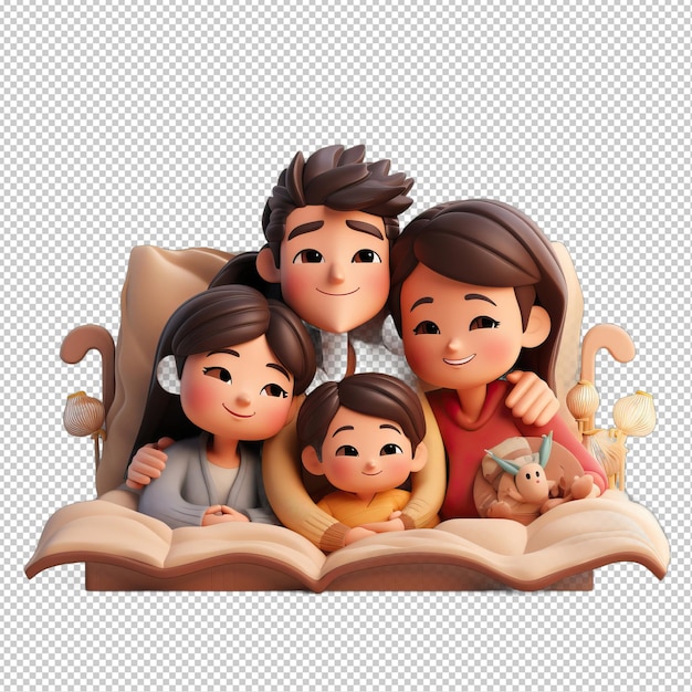 La familia asiática durmiendo el fondo transparente del estilo de dibujos animados en 3d es