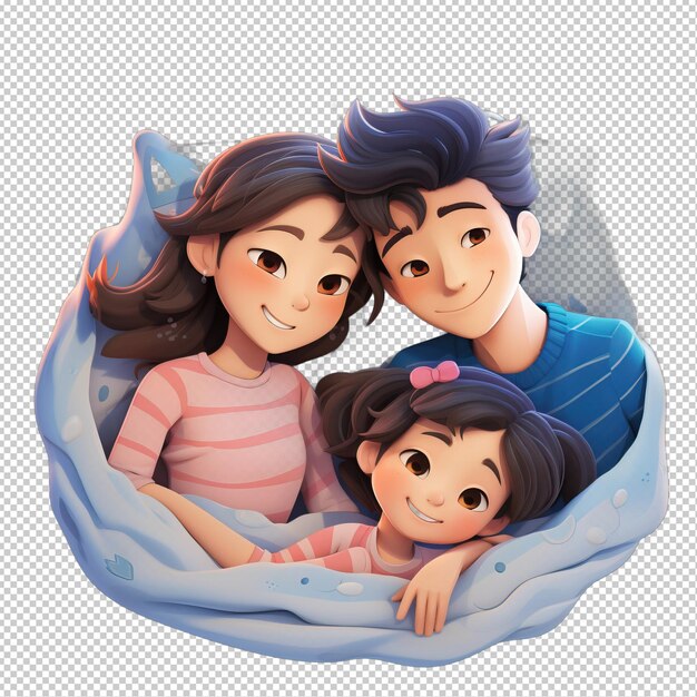 PSD la familia asiática durmiendo el fondo transparente del estilo de dibujos animados en 3d es