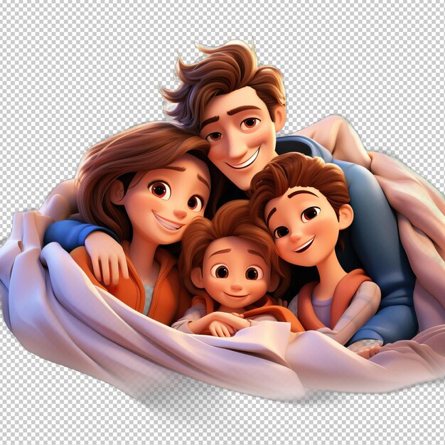 PSD la familia asiática durmiendo el fondo transparente del estilo de dibujos animados en 3d es