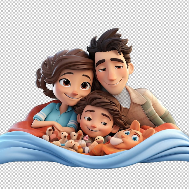 PSD la familia asiática durmiendo el fondo transparente del estilo de dibujos animados en 3d es