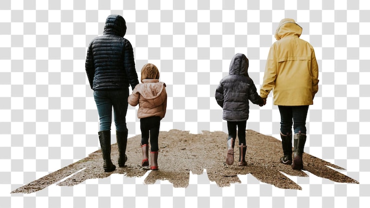 PSD família caminhando crianças adesivo png fundo transparente