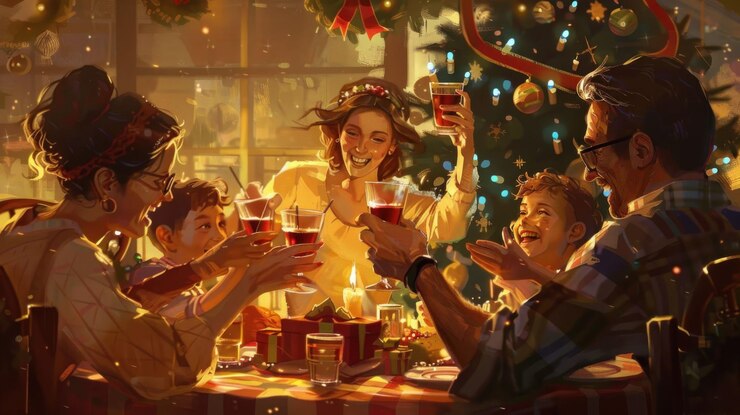 PSD una familia de cinco personas disfruta de una festiva cena navideña juntos alzando un brindis para celebrar la festividad