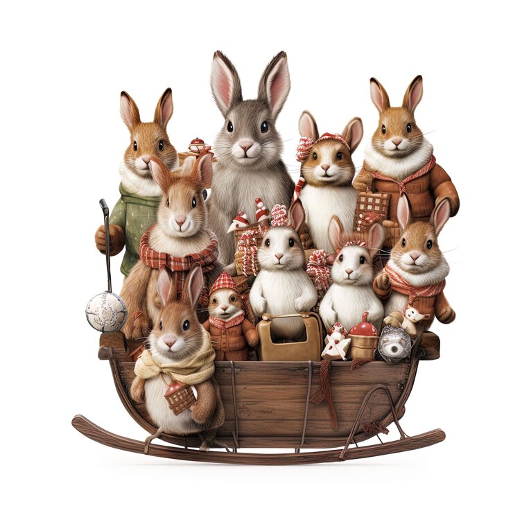 PSD familia de conejos con regalos de navidad en un coche de madera ilustración acuarela