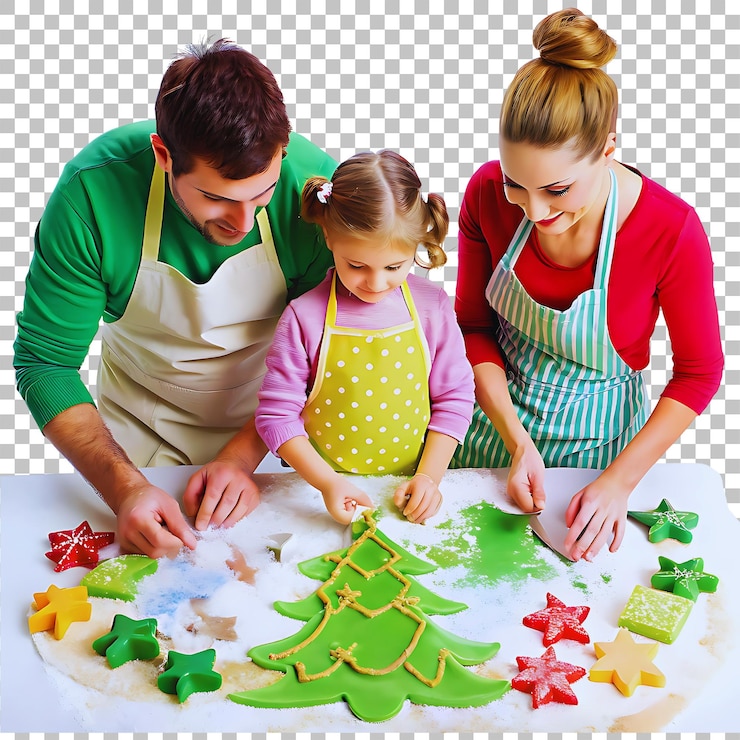 PSD una familia de cuatro decora un árbol de navidad