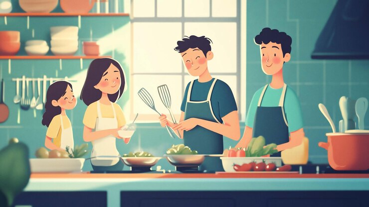PSD una familia de cuatro personas cocinando felices en una cocina luminosa preparando una comida con verduras y utensilios