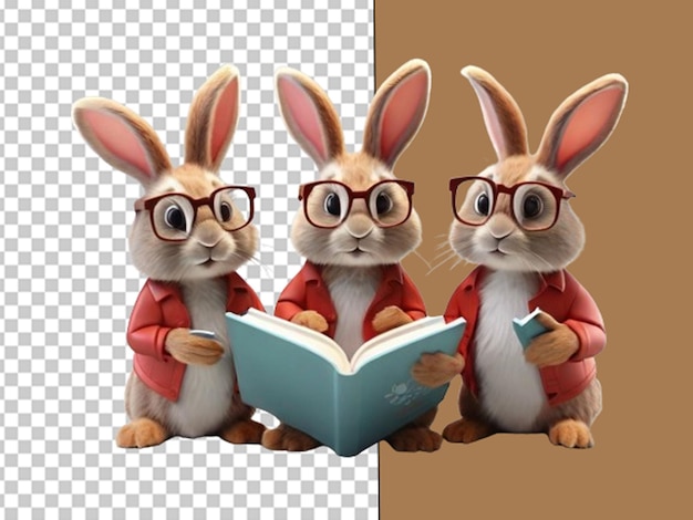 PSD família de coelhos em 3d lendo um livro conceito de dia de leitura