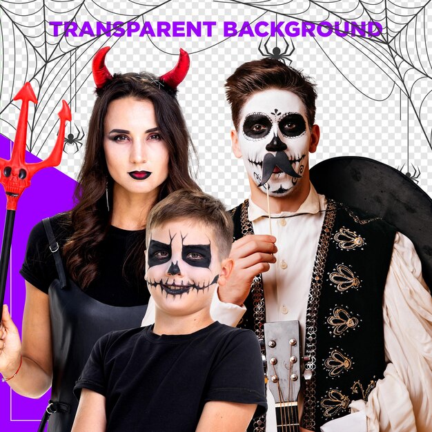 Familia disfrazada para Halloween y carnaval con fondo transparente