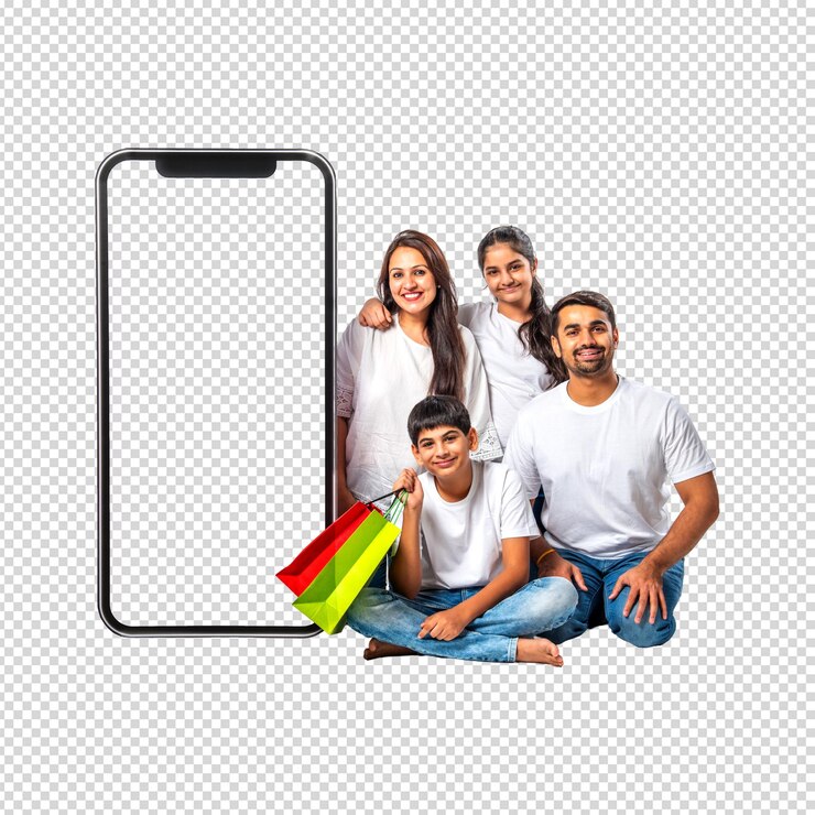 Familia disfrutando de las compras en línea con su teléfono inteligente