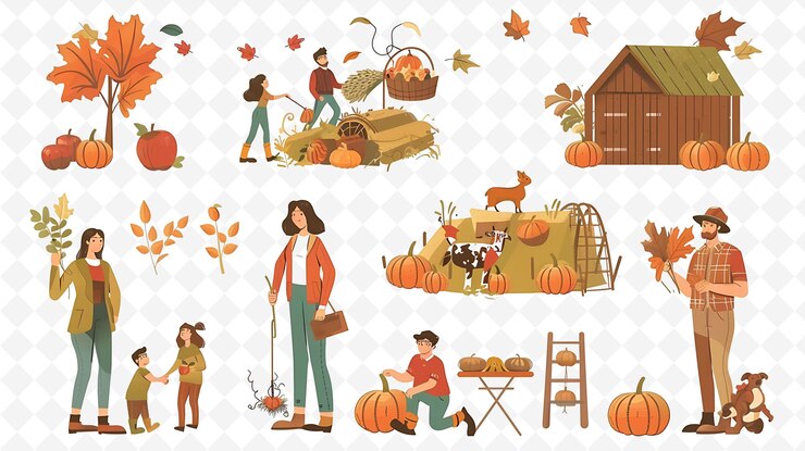 PSD familia disfrutando de un diseño de festival de cosecha de otoño es rústico y plano ilustración carácter cultural