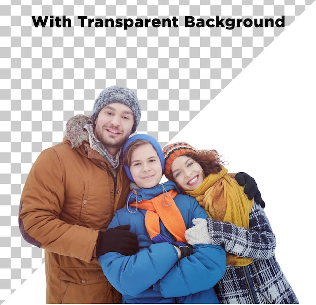 Familia disfrutando y posando con ropa de invierno PNG PSD aislado en fondo transparente