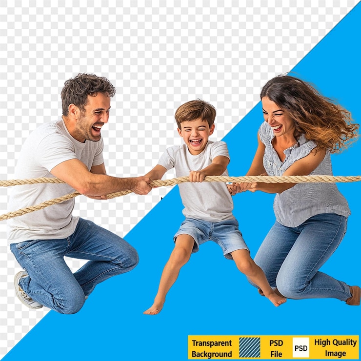 PSD una familia está jugando con una cuerda y las palabras altas altas en ella