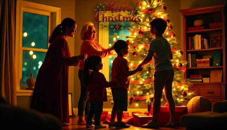 PSD una familia está jugando frente a un árbol de navidad en la noche de navidad