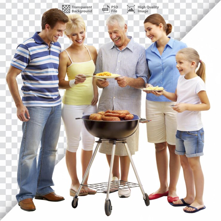 PSD família fazendo um piquenique ao ar livre desfrutando de comida e tempo de verão