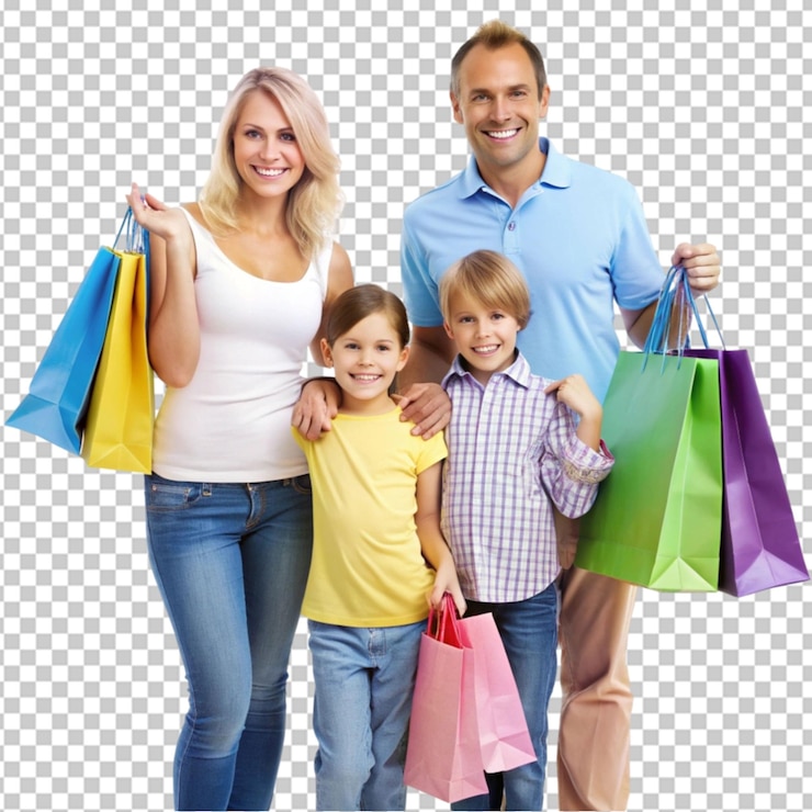 PSD familia feliz con bolsas de compras en un fondo transparente