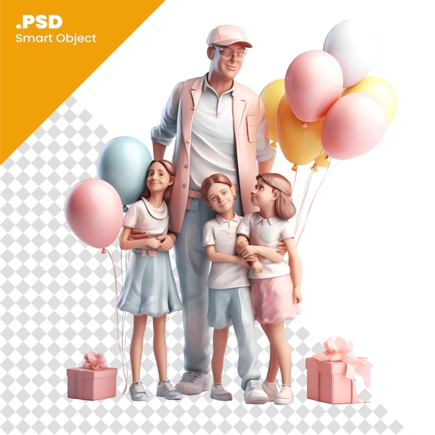 PSD família feliz com balões e presentes pai, mãe e filhos modelo psd