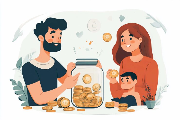 PSD una familia feliz contribuyendo a un frasco de ahorros