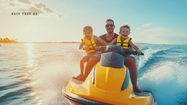 PSD família feliz desfrutando de um passeio de jetski ao pôr-do-sol