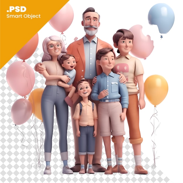 PSD familia feliz con globos concepto de familia feliz plantilla psd de renderizado 3d