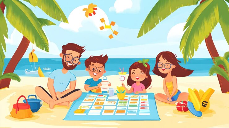 PSD familia feliz jugando a un juego de mesa en una playa tropical