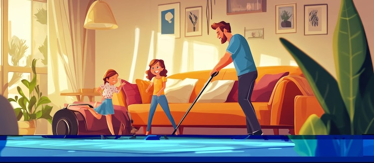 PSD familia feliz limpiando la sala de estar juntos