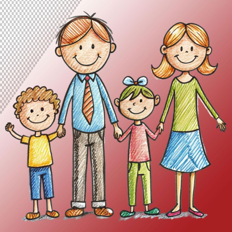 PSD família feliz pais e filhos esboço à mão isolado em fundo transparente
