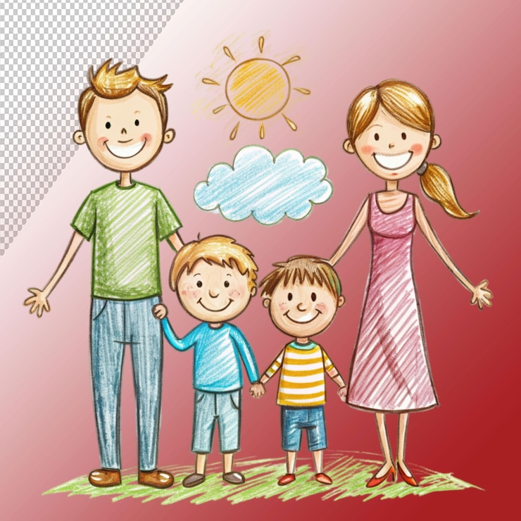 PSD família feliz pais e filhos esboço à mão isolado em fundo transparente
