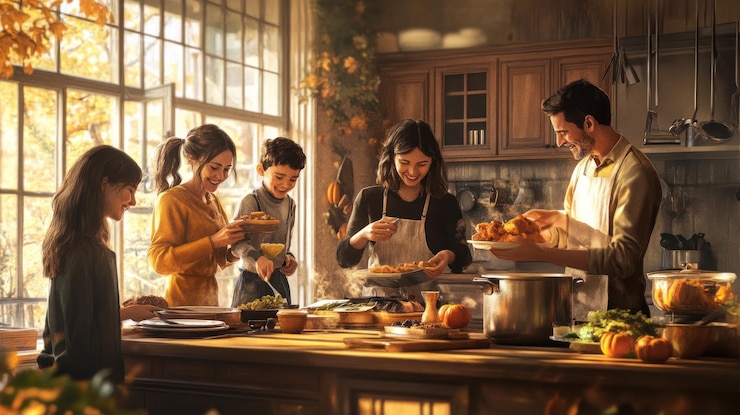 PSD una familia feliz preparando la cena de acción de gracias juntos en una cocina acogedora