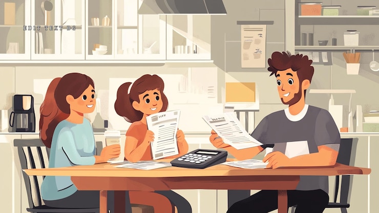PSD una familia feliz revisando las finanzas juntos en la mesa de la cocina
