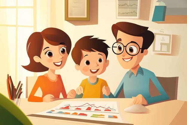 Una familia feliz revisando juntos las tablas financieras en casa