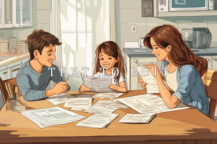 PSD una familia feliz revisando papeles juntos en la mesa de la cocina