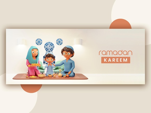 Familia islámica 3d celebrando con deliciosa comida con motivo del ramadán kareem social media banner o header design