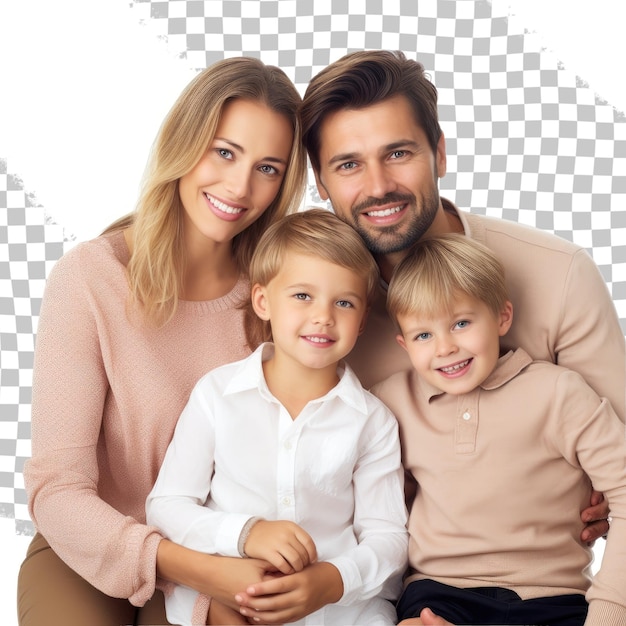 Família jovem com dois filhos isolada em fundo transparente