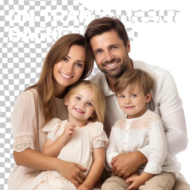 Familia joven con dos hijos aislados en un fondo transparente