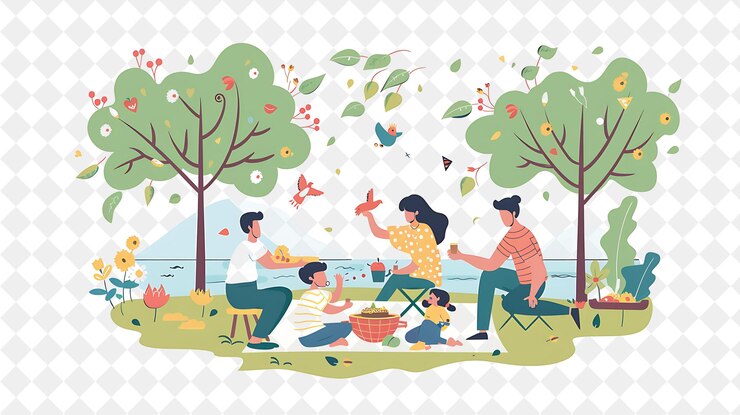 PSD una familia juega en el parque y la familia juega con una canasta de hojas