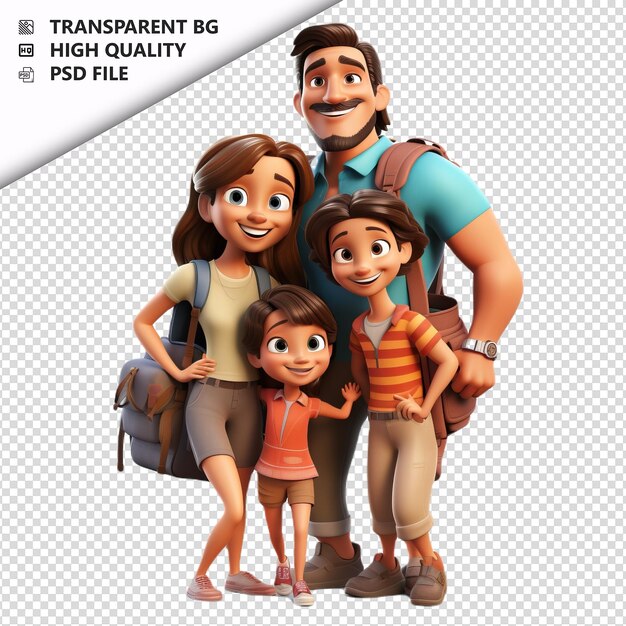 Familia latina explorando el fondo blanco en estilo de dibujos animados en 3d