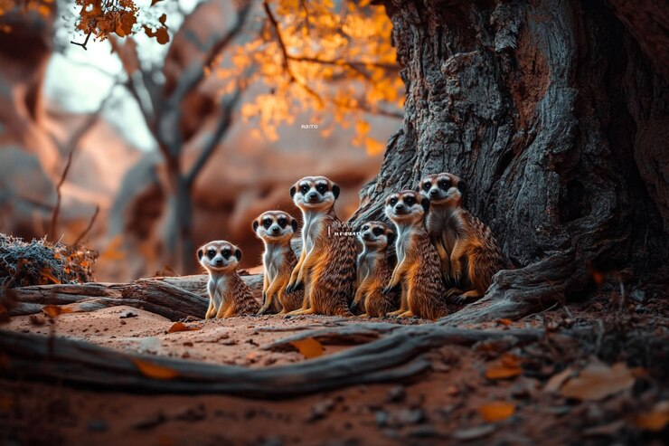 PSD la familia meerkat está alerta bajo el árbol de otoño