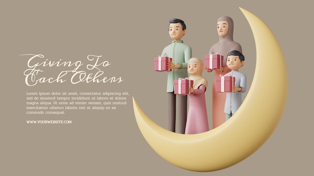 Familia musulmana dándose unos a otros ramadán ilustración 3d