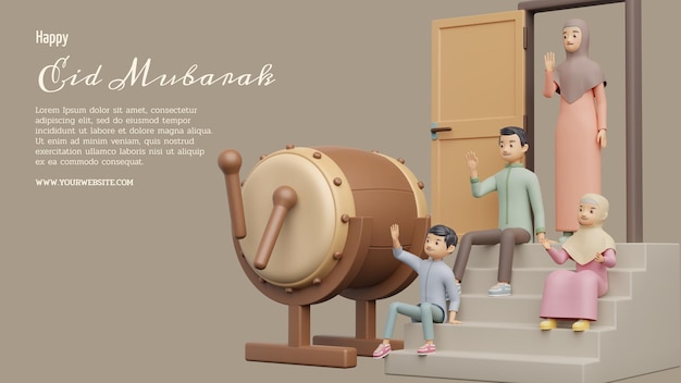 familia musulmana feliz eid mubarak 3d ilustración