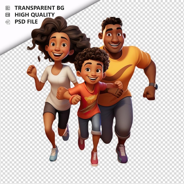 PSD la familia negra corriendo en 3d estilo de dibujos animados con fondo blanco es