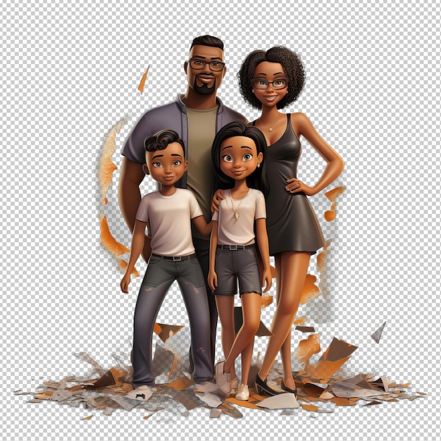 PSD família negra destructiva 3d estilo de desenho animado fundo transparente