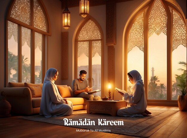 PSD la familia ramadan kareem leyendo el corán juntos en un fondo de sala de estar cálidamente iluminado
