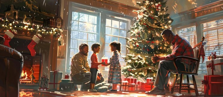 PSD una familia se reúne alrededor de un árbol de navidad decorado en una sala de estar cálidamente iluminada con regalos envueltos bajo el árbol una chimenea y una ventana con nieve cayendo