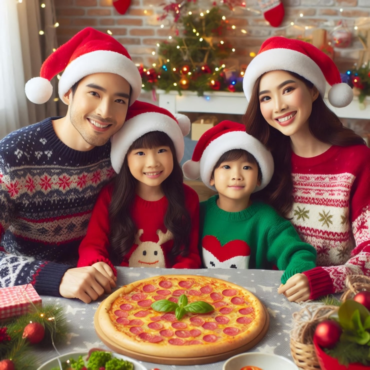 una familia se sienta en una mesa con una pizza y una pizza