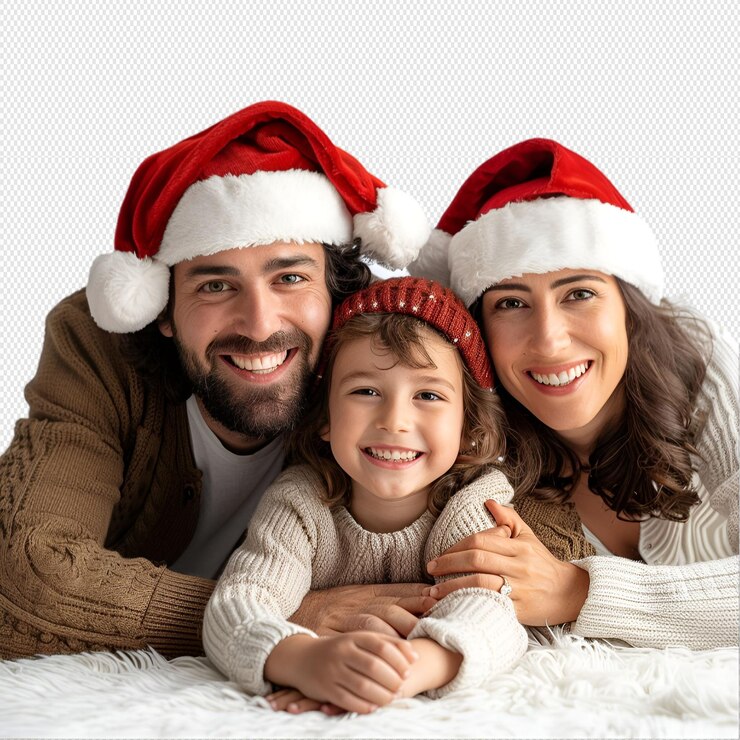 una familia con sombreros de Santa y una tiene una chica con un sombrero de Santa